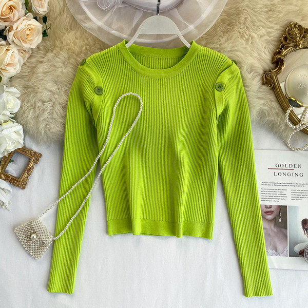 Pulover casual de dama cu decolteu oval si nasturi in verde si negru