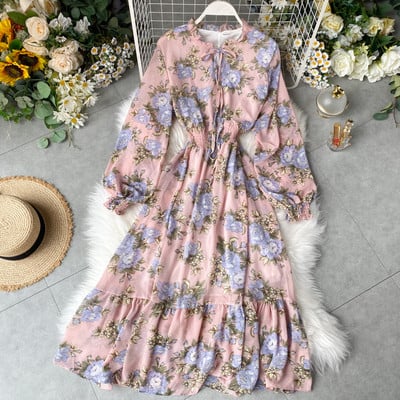 Rochie de dama cu model floral si maneci lungi in mai multe culori