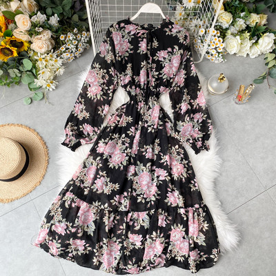 Rochie de dama cu model floral si maneci lungi in mai multe culori