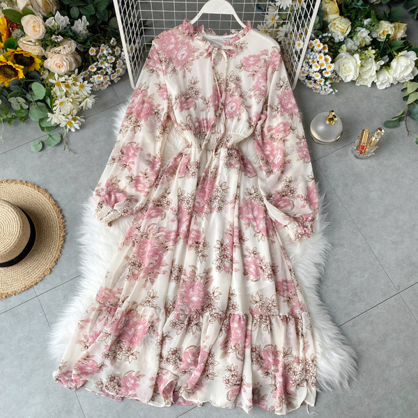 Rochie de dama cu model floral si maneci lungi in mai multe culori