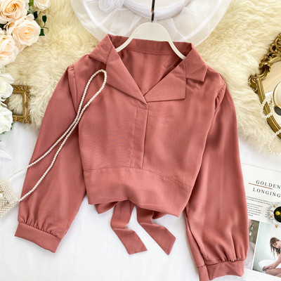 Κομψό γυναικείο πουκάμισο με κορδόνια  και λαιμόκοψη σε διάφορα χρώματα