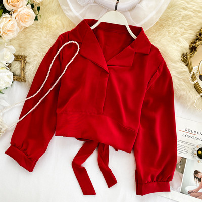 Κομψό γυναικείο πουκάμισο με κορδόνια  και λαιμόκοψη σε διάφορα χρώματα