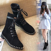 Cizme de dama moderne din piele intoarsa cu sireturi in negru