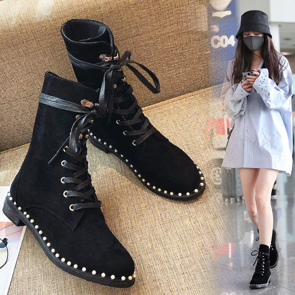 Cizme de dama moderne din piele intoarsa cu sireturi in negru