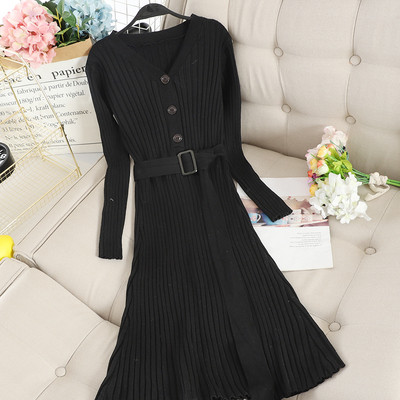 Rochie casual de dama tricotata cu decolteu spitz si nasturi in mai multe culori