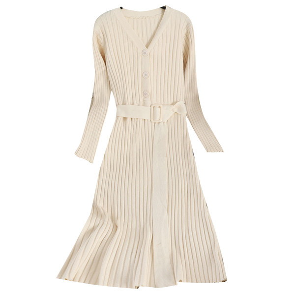 Rochie casual de dama tricotata cu decolteu spitz si nasturi in mai multe culori