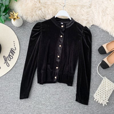 Cămașă de damă modernă cu nasturi din catifea în mai multe culori