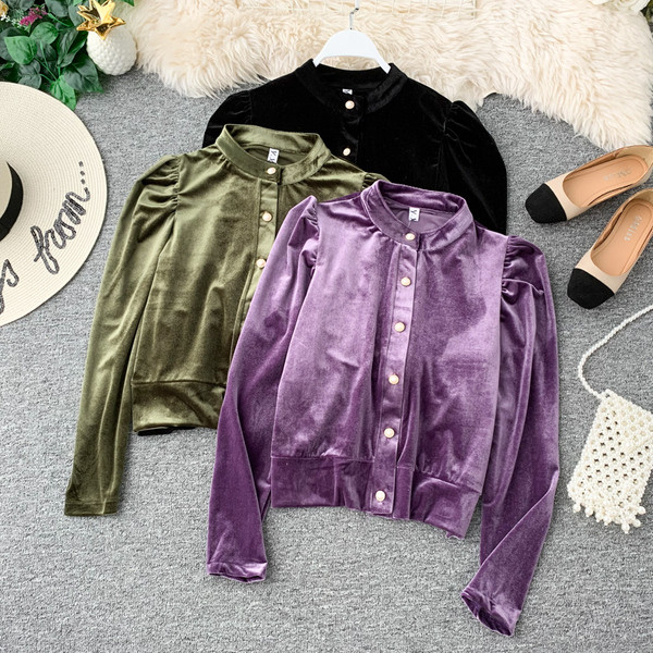 Cămașă de damă modernă cu nasturi din catifea în mai multe culori