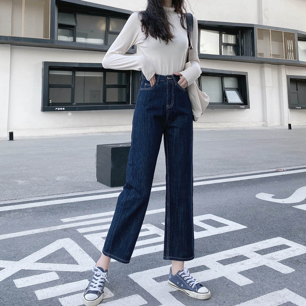 Blugi de dama de culoare albastru inchis cu talie inalta - model larg