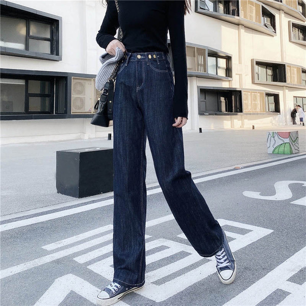 Blugi de dama de culoare albastru inchis cu talie inalta - model larg