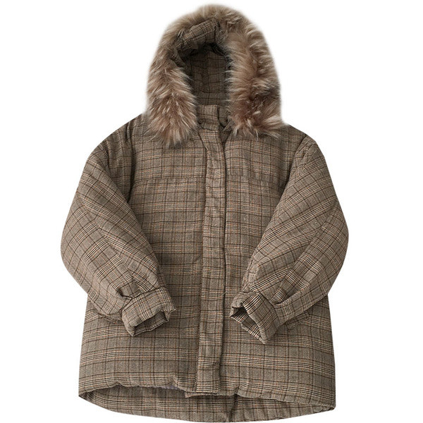 Geaca dama moderna in carouri cu gluga si puf model asimetric