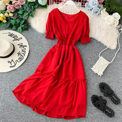 Modern női ruha rövid ujjú piros és fehér színben