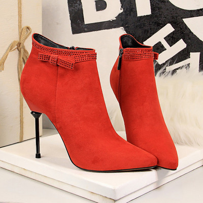 Ghete de dama elegante din piele intoarsa ecologica cu toc subtire si fermoar in patru culori