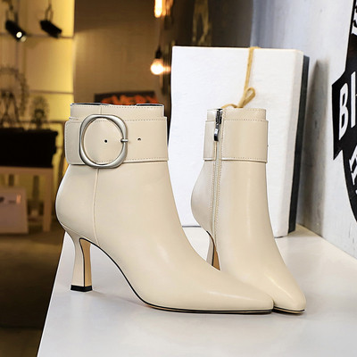 Cizme de dama cu element metalic din piele ecologica in bej si negru