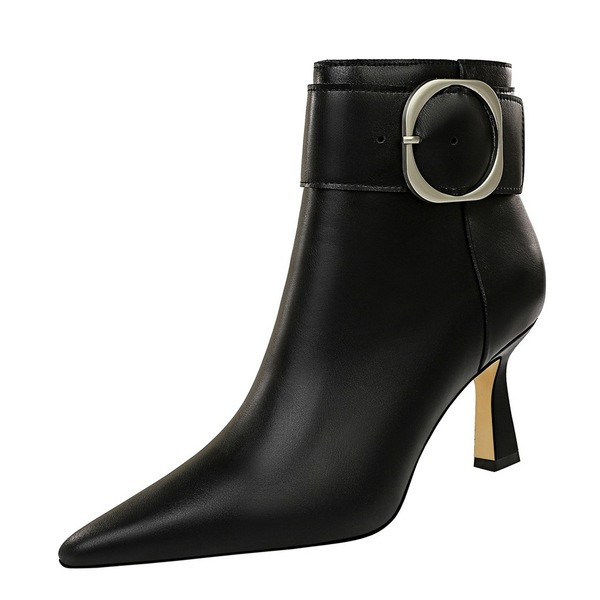 Cizme de dama cu element metalic din piele ecologica in bej si negru