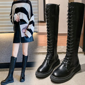 Cizme de dama din piele cu sireturi si talpa plata de culoare neagra