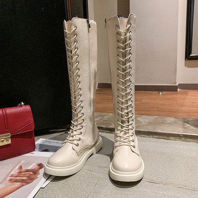 Cizme de dama din piele cu sireturi si talpa plata de culoare neagra