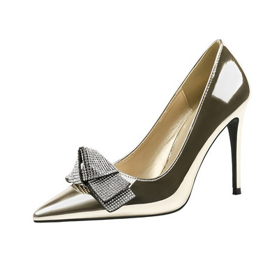 Pantofi de dama cu toc inalt din piele ecologica cu panglica si pietre in mai multe culori