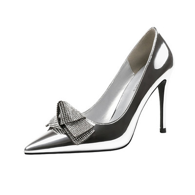 Pantofi de dama cu toc inalt din piele ecologica cu panglica si pietre in mai multe culori