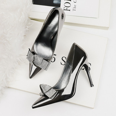 Pantofi de dama cu toc inalt din piele ecologica cu panglica si pietre in mai multe culori