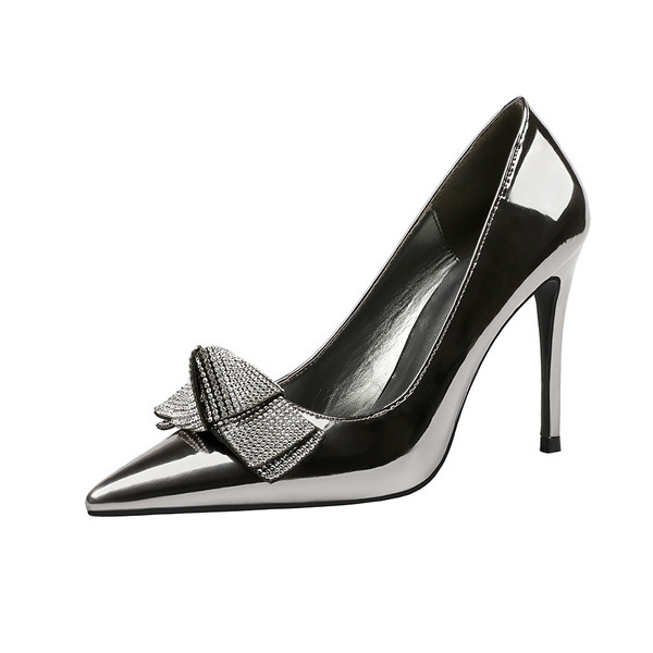 Pantofi de dama cu toc inalt din piele ecologica cu panglica si pietre in mai multe culori