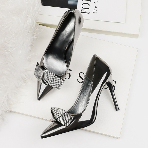 Pantofi de dama cu toc inalt din piele ecologica cu panglica si pietre in mai multe culori