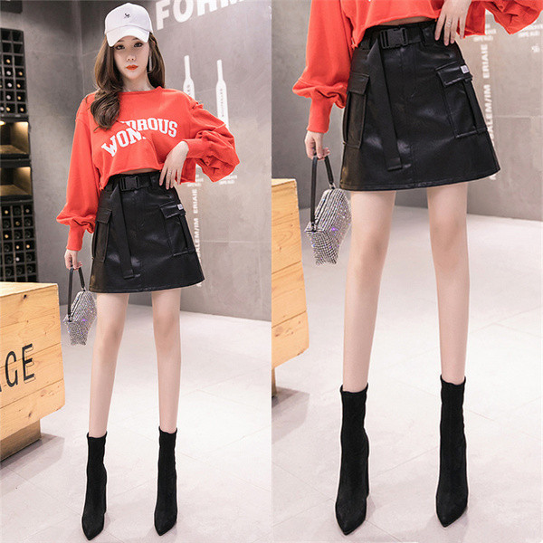 Fusta de dama model nou din piele ecologica cu buzunare de culoare neagra