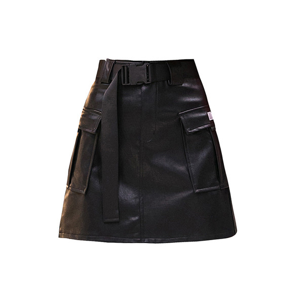 Fusta de dama model nou din piele ecologica cu buzunare de culoare neagra