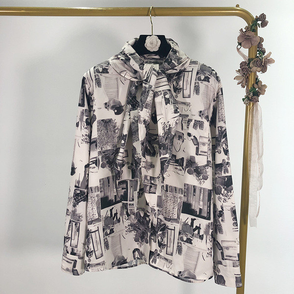 Bluza de dama cu model colorat si cravate la decolteu