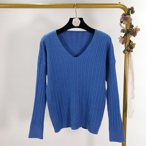 Pulover de dama model uni cu decolteu spitz in bej, albastru si rosu