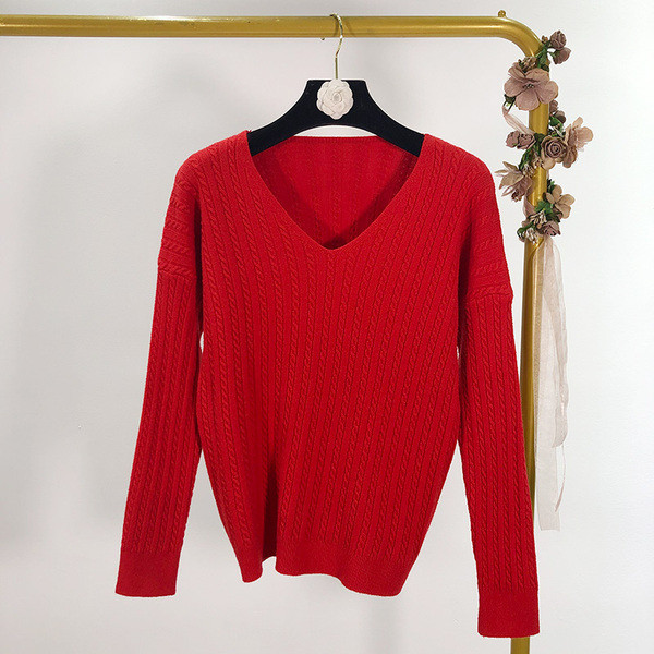 Pulover de dama model uni cu decolteu spitz in bej, albastru si rosu