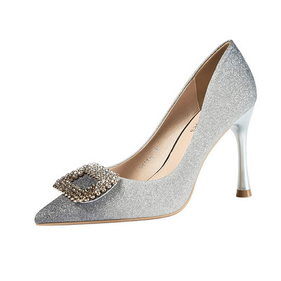Pantofi moderni de dama cu toc cu pietre si efect stralucitor in mai multe culori
