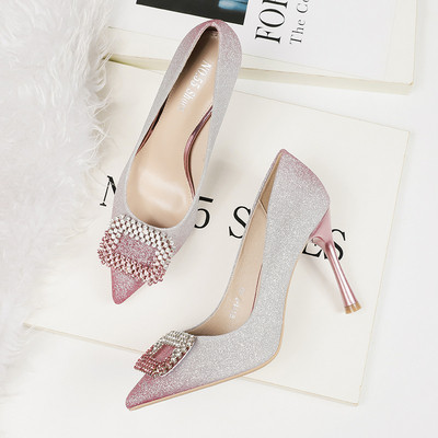 Pantofi moderni de dama cu toc cu pietre si efect stralucitor in mai multe culori