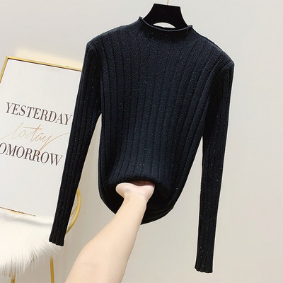 Pulover de dama modern cu efect stralucitor si guler polo in patru culori