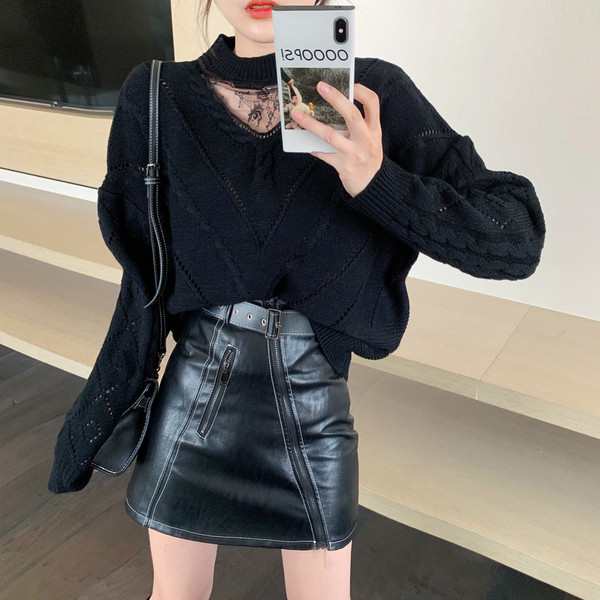 Női széles, csipkés pulóver fehér, piros és fekete színben