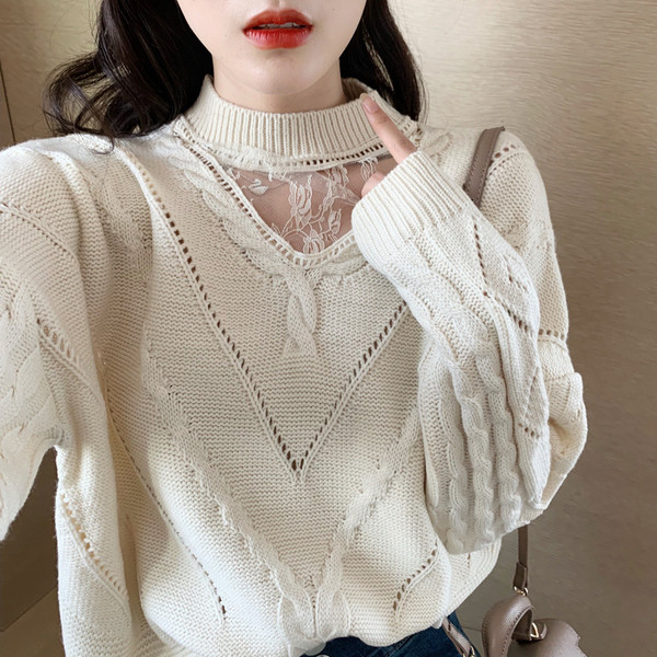 Női széles, csipkés pulóver fehér, piros és fekete színben