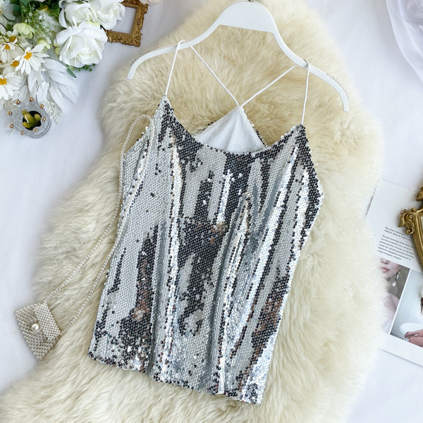 Maieu modern de dama cu paiete si bretele subtiri in mai multe culori