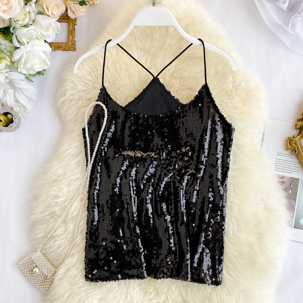 Maieu modern de dama cu paiete si bretele subtiri in mai multe culori