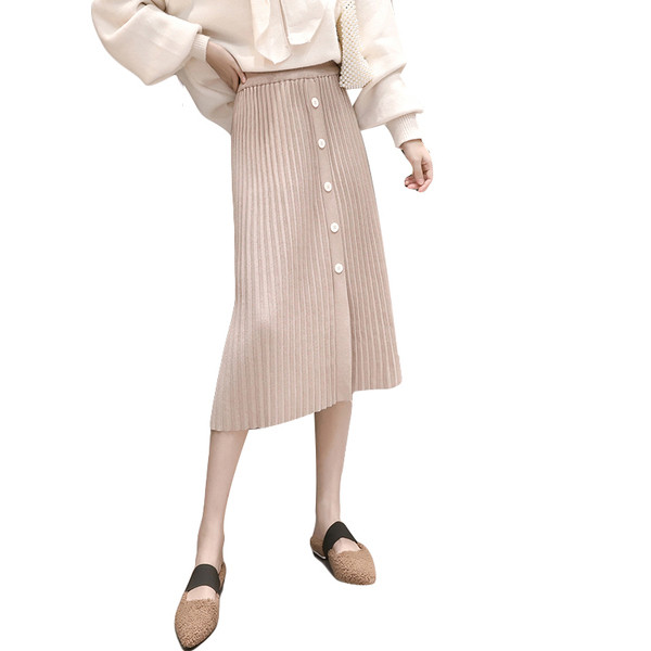 Fusta de dama pliata actuala cu nasturi in bej, albastru si negru