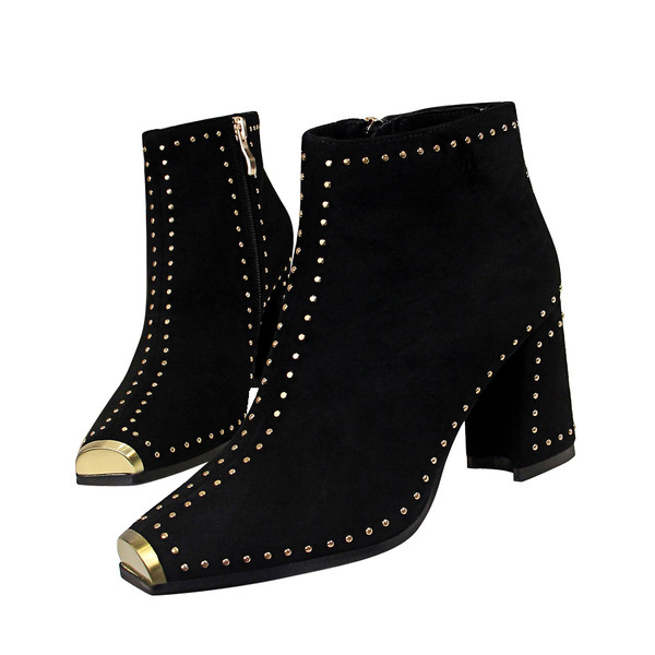 Cizme casual de dama din piele intoarsa ecologica cu toc gros si elemente metalice