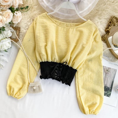 Γυναικείες μπλούζες με στρογγυλη λαιμόκοψη με κορδόνια σε διάφορα χρώματα