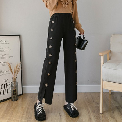 Καθημερινό γυναικείο παντελόνι με κουμπιά σε μπεζ και μαύρο χρώμα