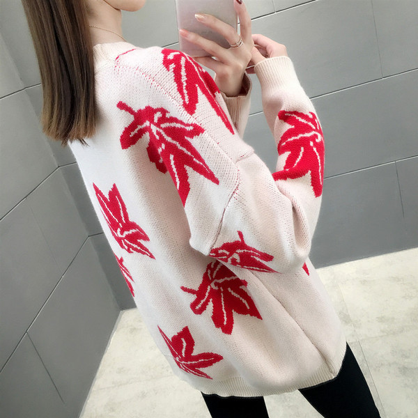 Pulover de iarnă de damă elegant cu broderie în alb și roșu