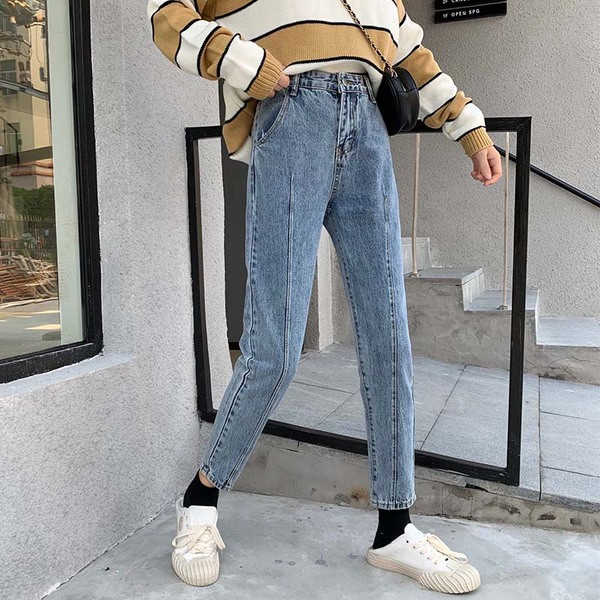 Blugi casual de dama model drept in culoarea albastra