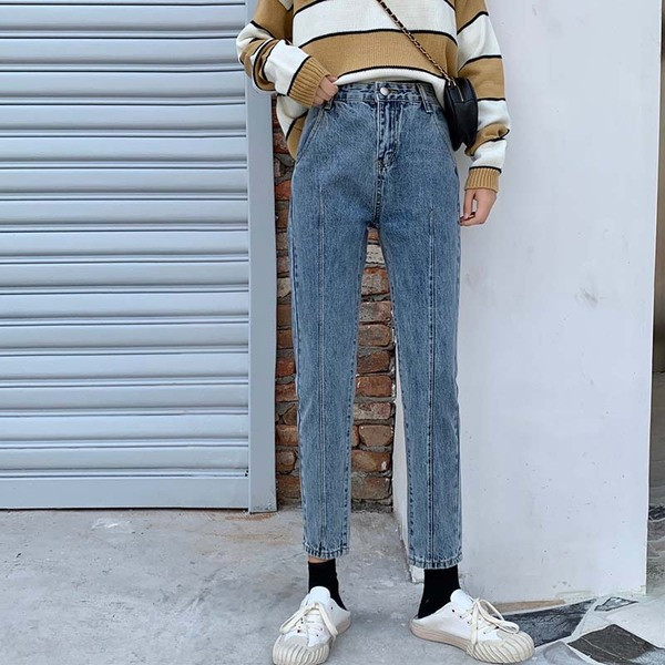 Blugi casual de dama model drept in culoarea albastra