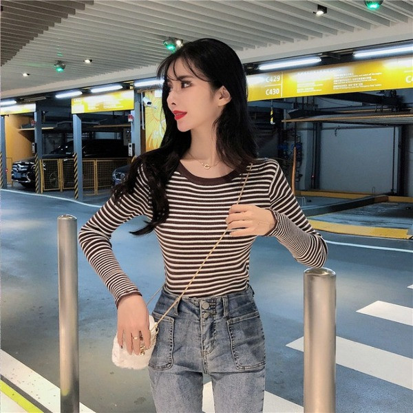 Νέο μοντέλο καθημερινή γυναικεία ριγέ μπλούζα σε μαύρο και καφέ χρώμα