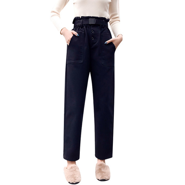 Pantaloni moderni de dama cu talie inalta si curea in alb, maro si negru