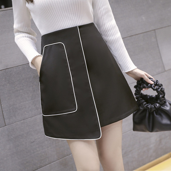 Fusta scurta de dama model nou din piele ecologica cu buzunar alb si negru