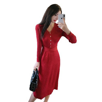 Rochie moderna de dama cu nasturi si decolteu spitz in doua culori