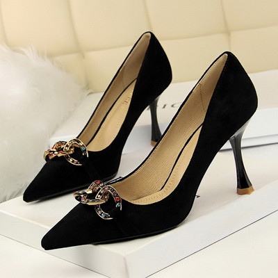 Pantofi moderni de dama cu toc inalt cu element metalic si pietre in mai multe culori